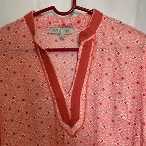 Rose & Thyme Sheer Blouse Top 100% Cotton V-neckline Pink Red Patterned Large